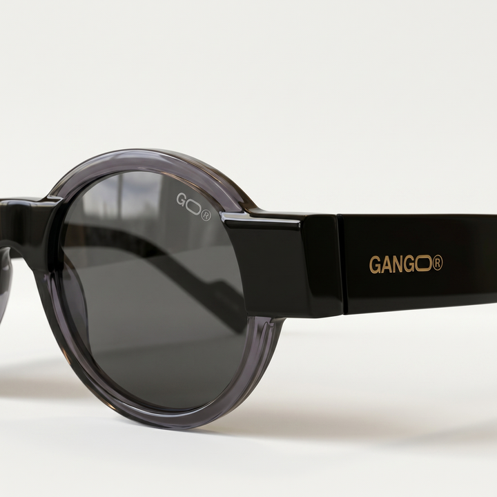 Lunettes de soleil DUSK grises unisex – détail de la monture – Gango Brand